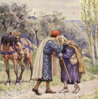 Saint François embrassant un lépreux (lithographie couleur) - German School