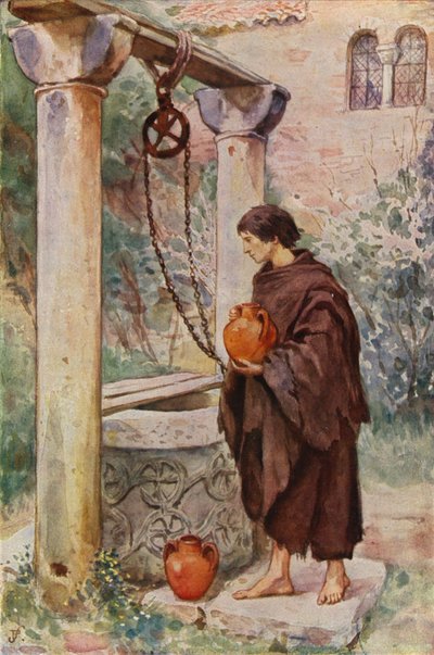 Saint François travaillant comme scullion dans un monastère (lithographie couleur) - German School
