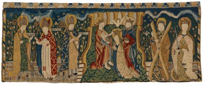 Antependium de tapisserie représentant le Couronnement de la Vierge entre trois évêques saints et deux saints, de l