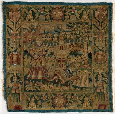 Coussin de tapisserie représentant Pyrame et Thisbé, fabriqué à Hambourg, Allemagne, vers 1615 - German School