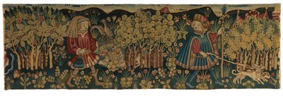 Bande de tapisserie représentant deux jeunes hommes chassant et fauconnant, possiblement d