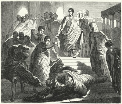 Tarquinius Superbus assassinant son beau-père, Servius Tullius, pour revendiquer le trône romain (gravure) - German School