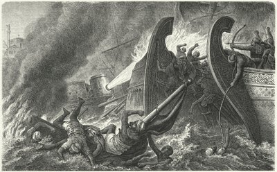 Les Byzantins utilisant le feu grégeois contre une flotte arabe attaquante - German School