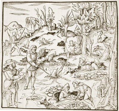 La baguette divinatoire, de Bergwerk Buch par Georg Agricola, Francfort 1580, illustré dans une Histoire de la Magie, publié à la fin du 19e siècle - German School