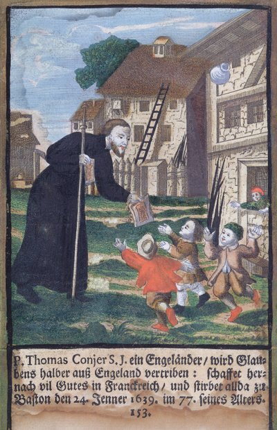 Le Père Jésuite Thomas Conjer évangélisant la France, du Martyrologe des Jésuites, 1688 - German School