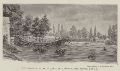 Les inondations en Bavière, le pont Bogenhausen en ruines, Munich (lithographie) - German School