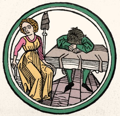 Les Quatre Tempéraments : Mélancolique (triste et déprimé). Xylographie, Augsbourg 1480 - German School