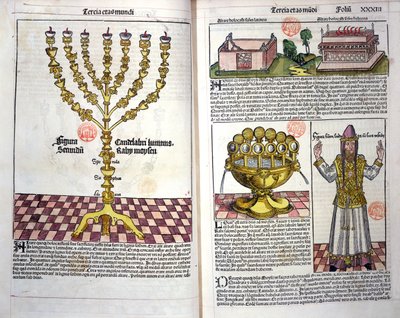 La Menorah et un prêtre hébreu, de la Chronique de Nuremberg par Hartmann Schedel (1440-1514) 1493 - German School