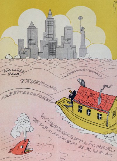 Le Nouveau Déluge dans le Vieux Monde, caricature faisant référence à la crise économique européenne des années 1920, du magazine Kladderadatsch, Berlin, 1926 - German School