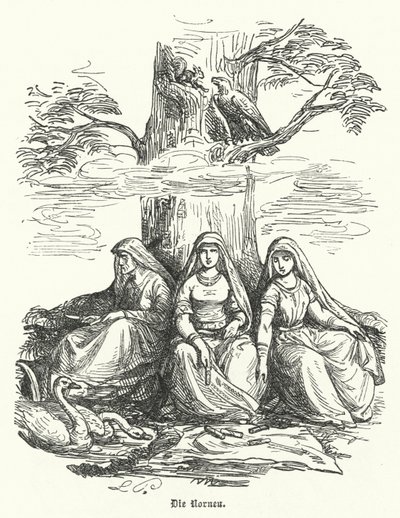 Les Nornes, êtres féminins de la mythologie nordique (gravure) - German School
