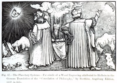 Les systèmes planétaires, de La Consolation de la Philosophie par Boèce, publié en 1537, illustration de Science et Littérature au Moyen Âge et à la Renaissance, écrit et gravé par Paul Lacroix - German School