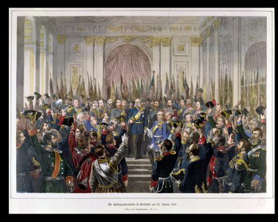 La Proclamation de Guillaume comme Kaiser du nouvel Empire allemand, dans la Galerie des Glaces à Versailles le 18 janvier 1871, 1871 (gravure en couleur) - German School