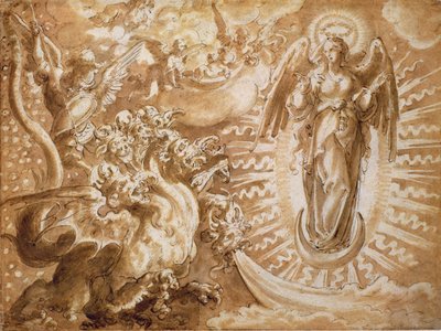 La Femme vêtue de soleil et le dragon à sept têtes, vers 1600 - German School