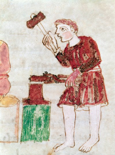 Le forgeron battant le fer sur une enclume miniature du manuscrit « De Universo » - German School