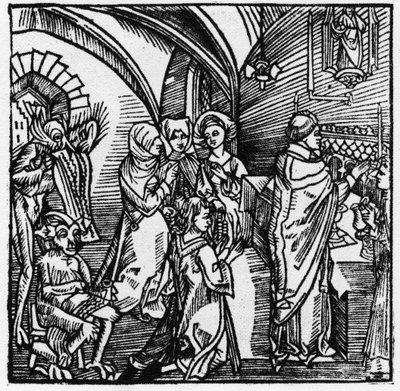 Les diables transcrivent les bavardages des marchands pendant la messe - dans "Der Ritter von Turn" par le Chevalier Marquard vom Stein 1498 - German School