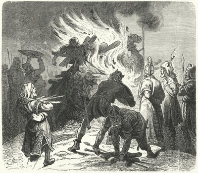Le légendaire roi suédois Sigurd Hring brûlant le corps de Harald Wartooth après la bataille de Bravellir - German School