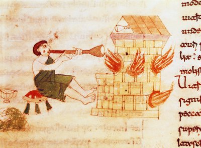 Le souffleur de verre miniature du manuscrit « De Universo » (ou De rerum naturis (De la nature des choses)) par Rabanus Maurus Magnentius (ca. 780-856). 9ème siècle. Archive de l
