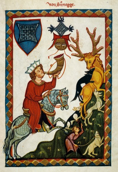 Les plaisirs de la chasse : Le roi Radin de Hohenstaufen, roi de Sicile et de Jérusalem sous le nom de Conrad II, duc de Souabe sous le nom de Conrad III et roi des Romains sous le nom de Conrad V (1252-1268) chasse le cerf. Enluminure - German School