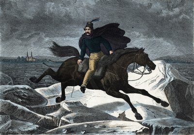 Le conte Sandor sur son cheval tartare galopant sur la rivière glacée du Danube. Dans 