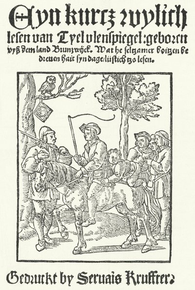Page de titre de la plus ancienne édition connue en bas allemand de Till Eulenspiegel, imprimée par Servais Kruffter - German School