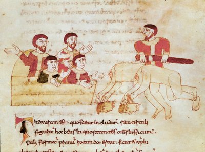 Scène de théâtre, le public à gauche applaudit la performance des acteurs. Miniature tirée du manuscrit « De Universo » (ou De rerum naturis (De la nature des choses)) (cod. 132) par Rabanus Maurus Magnentius (ca. 780-856) - German School
