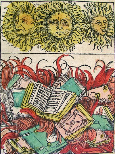Trois soleils et brûlage de livres, publié dans la Chronique de Nuremberg, 1493 - German School