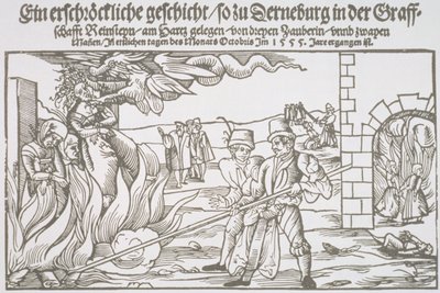 Trois sorcières brûlées vives, illustration de pamphlet - German School