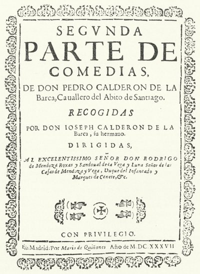 Page de titre du deuxième des quatre volumes des Comedias de Calderón, publiés en 1637 (gravure) - German School