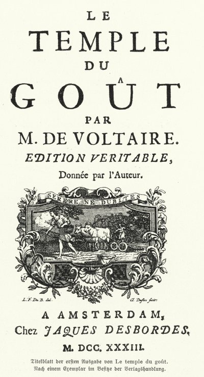 Page de titre de la première édition du Temple du Goût de Voltaire, écrivain et philosophe français - German School