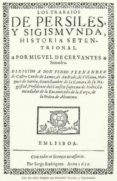 Page de titre de la première édition du roman Los trabajos de Persiles y Sigismunda de Miguel de Cervantes - German School