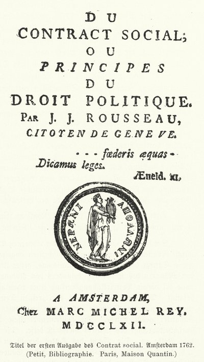 Page de titre de la première édition du Contrat social, par Jean-Jacques Rousseau - German School