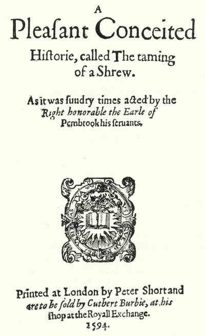 Page de titre de la première édition de la comédie de Shakespeare La Mégère apprivoisée (gravure) - German School