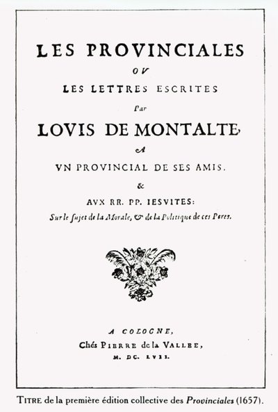 Page de titre des Provinciales de Blaise Pascal (1623-62), Amsterdam, 1657 (encre sur papier) - German School