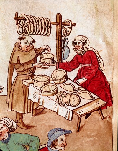 Commerce : un marchand de pain. Miniature des « Chroniques du Concile de Constance » par Ulrich Richental (1360-1437) vers 1438 Prague, Bibliothèque nationale - German School
