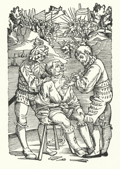 Soigner un soldat blessé sur le champ de bataille (gravure) - German School