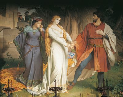 Tristan et Isolde se rencontrent en secret pour la dernière fois, mais leur rencontre est trahie et le roi Marc blesse Tristan avec une lance empoisonnée, Chambre - German School