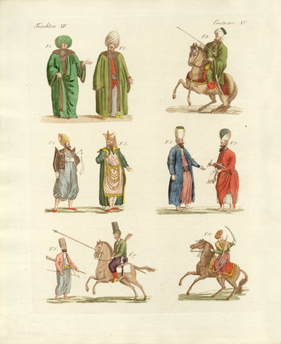 Costumes nationaux turcs (gravure en couleur) - German School