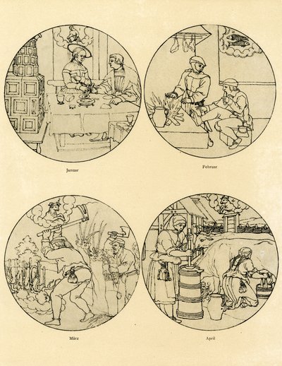 Douze images de calendrier en forme circulaire - German School