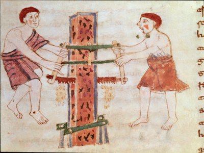 Deux hommes sciant un tronc de marbre (miniature, 9e siècle) - German School