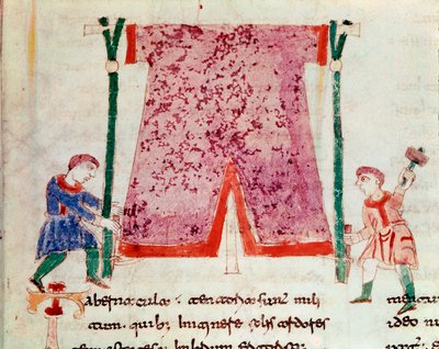 Deux hommes dressant une tente (Miniature tirée du manuscrit « De Universo » ou « De rerum naturis » de Rabanus Maurus Magnentius, 9ème siècle) - German School