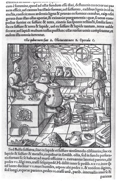 Utilisation du soufre, de De Re Metallica par Georg Bauer (1494-1566), connu sous le nom d