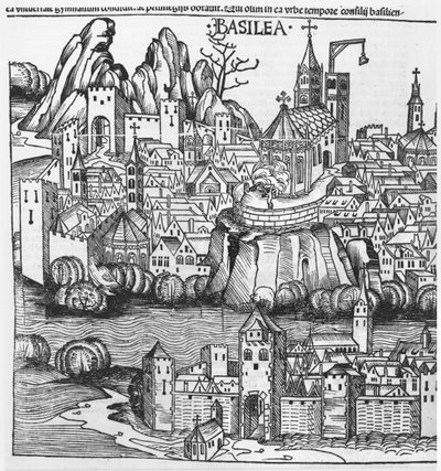 Vue de Bâle, illustration de la Chronique de Nuremberg par Hartmann Schedel (1440-1514), 1493 - German School