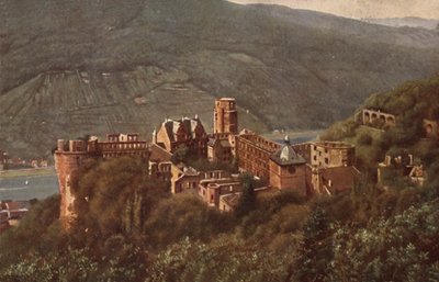 Vue du château de Heidelberg depuis la Molkenkur (lithographie couleur) - German School