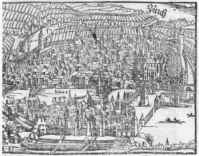 Vue de Zurich, de Cosmographie Universelle par Sébastien Munster (1488-1552) Bâle, publié en 1559 - German School