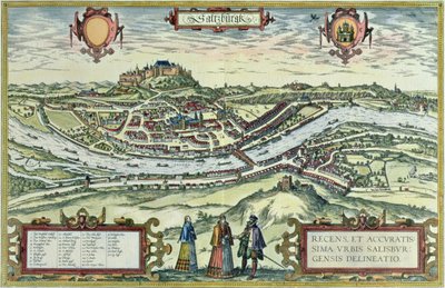 Vue de la ville de Salzbourg sur les rives de la rivière Salzach avec le château de Honensalzburg en arrière-plan, de 