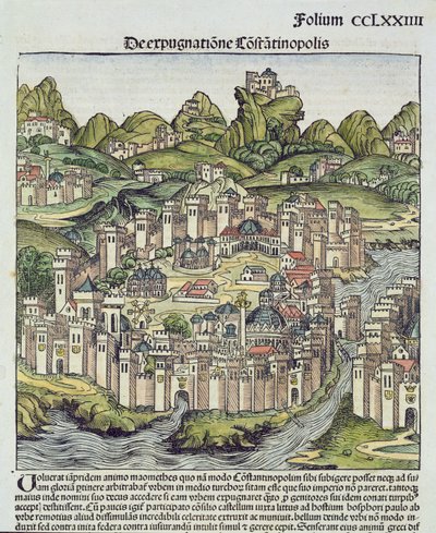 Vue de la ville fortifiée de Constantinople, tirée de la Chronique de Nuremberg par Hartmann Schedel, 1493 - German School