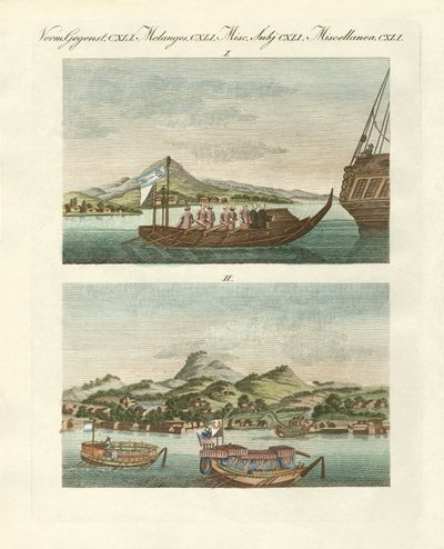 Vues de la côte du Japon à côté de véhicules japonais (gravure en couleur) - German School