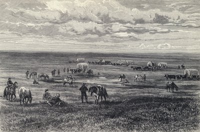 Train de wagons dans les prairies du Dakota du Sud, USA (litho) - German School