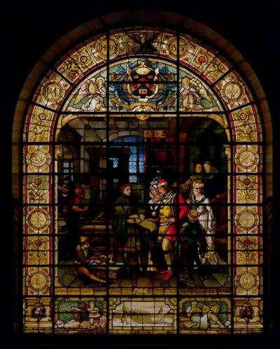 William Caxton montrant son premier livre imprimé à Édouard IV et à sa femme, Elizabeth Woodville en 1477, par Mayer et Co., firme de Munich active à Londres, vers 1880 - German School