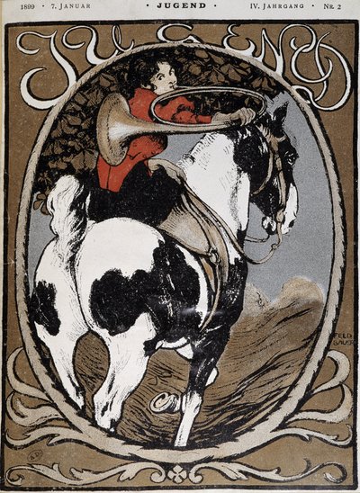 Femme sonnant du cor de chasse - dans "Jugend" du 7 janvier - German School